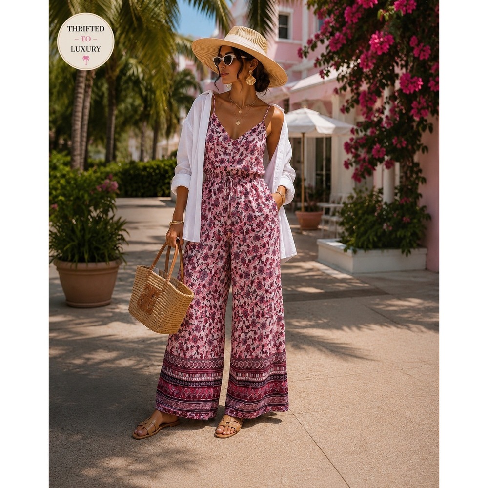 Shosho Womens Pink Floral Wide Leg Jumpsuit Smocked Back Boho Summer Small